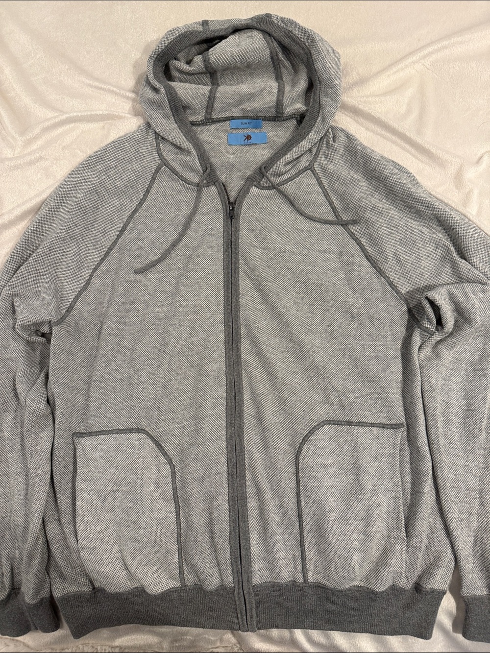 EGARA Light Gray Full-Zip Hooded Sweater with Contrast Trim - Large Slim Fit
